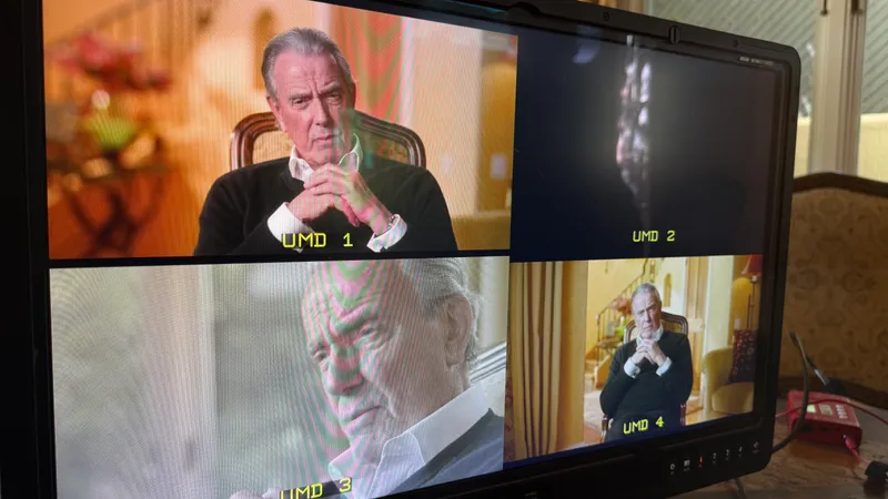 A production monitor showing three camera angles during an interview